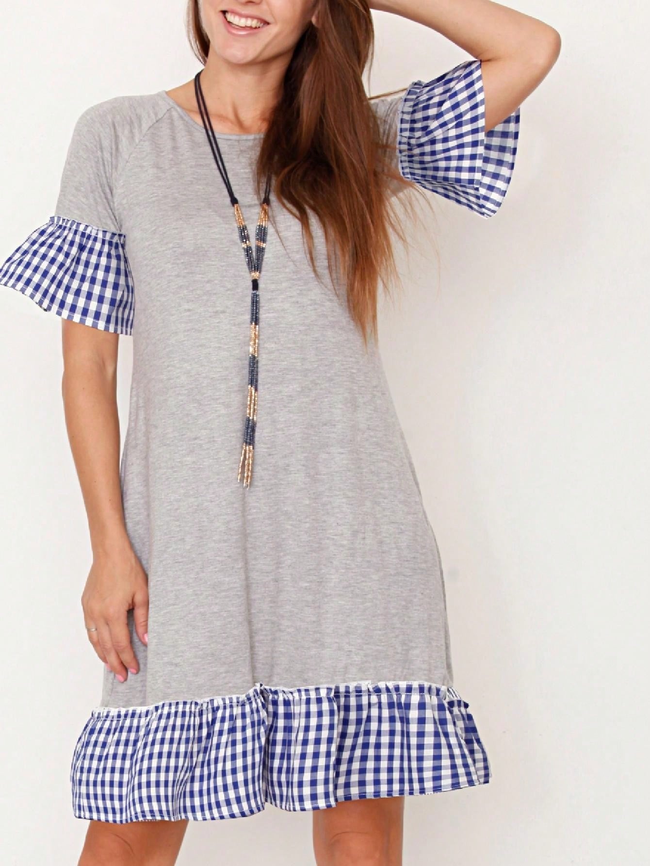 Boho Retro Gingham Rayon Summer Cool Soft Half Sleeve Ruffle Bell Stripe Midi Dress