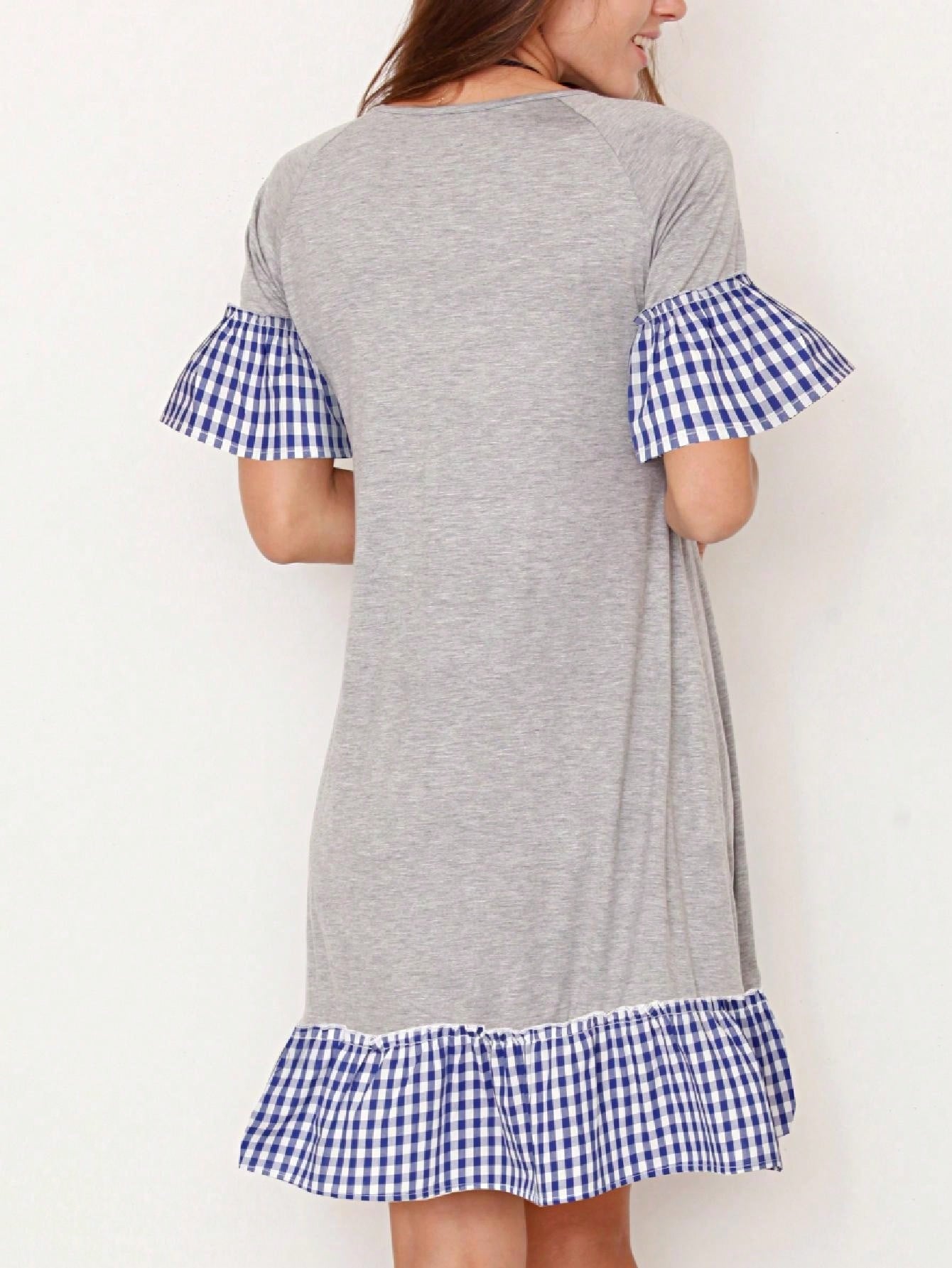 Boho Retro Gingham Rayon Summer Cool Soft Half Sleeve Ruffle Bell Stripe Midi Dress