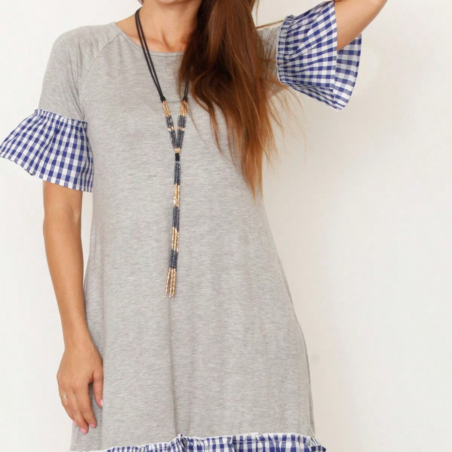 Boho Retro Gingham Rayon Summer Cool Soft Half Sleeve Ruffle Bell Stripe Midi Dress