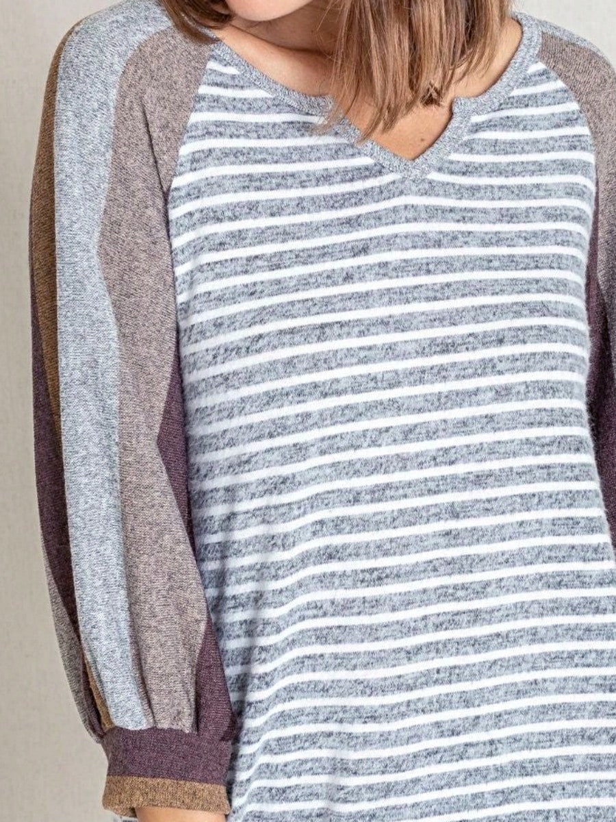 Boho Retro Knit Stripe Raglan Quarter Bishop Balloon Sleeve Stripe Color Fall Top