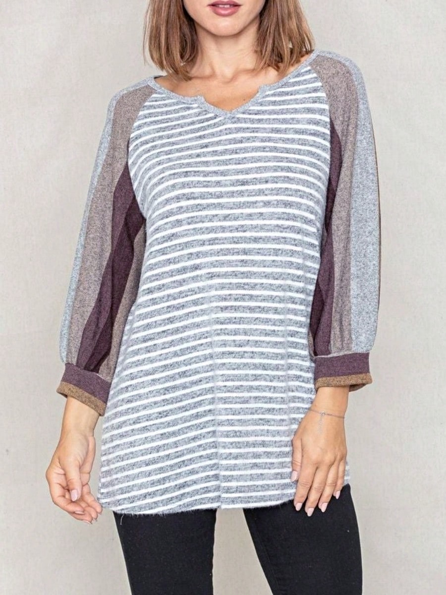 Boho Retro Knit Stripe Raglan Quarter Bishop Balloon Sleeve Stripe Color Fall Top