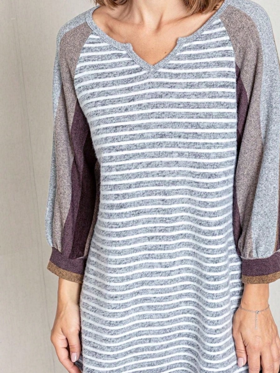 Boho Retro Knit Stripe Raglan Quarter Bishop Balloon Sleeve Stripe Color Fall Top