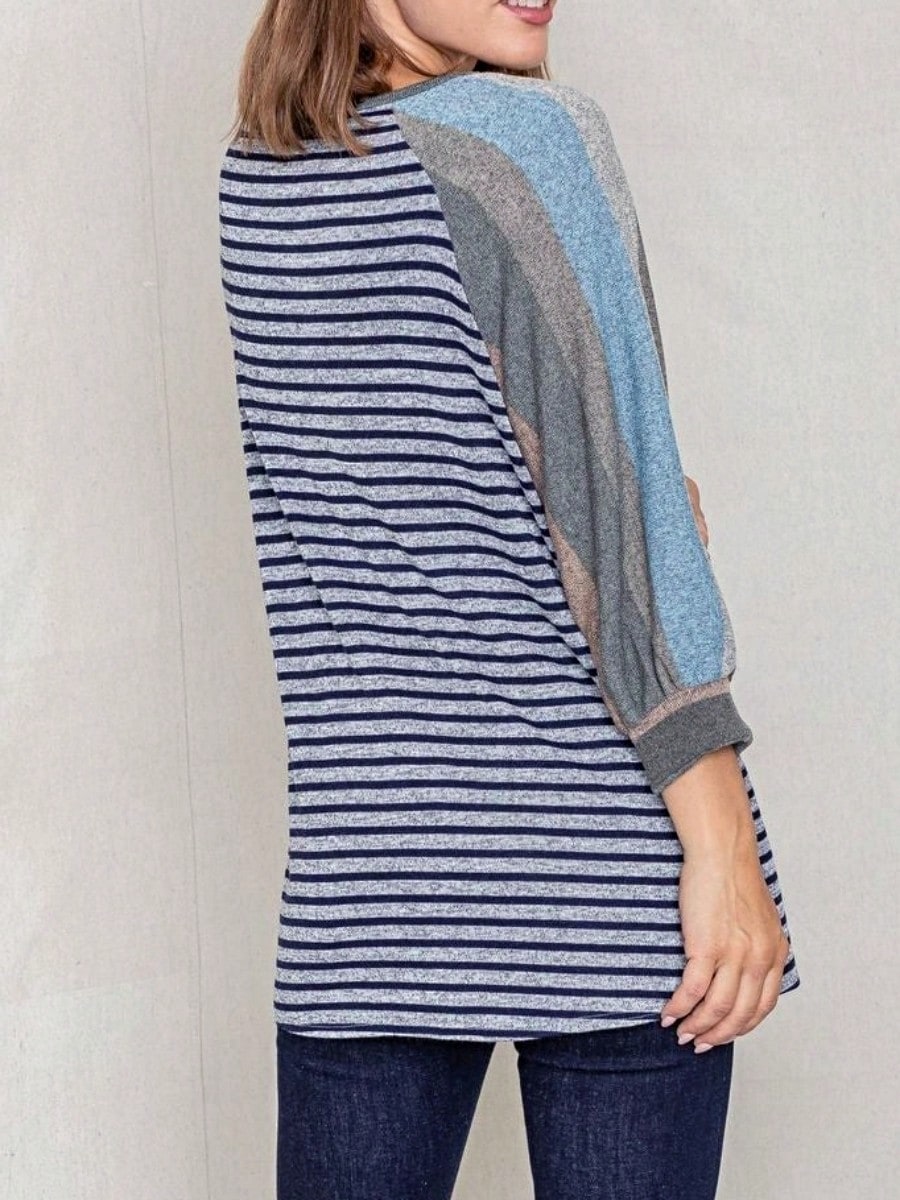 Boho Retro Knit Stripe Raglan Quarter Bishop Balloon Sleeve Stripe Color Fall Top
