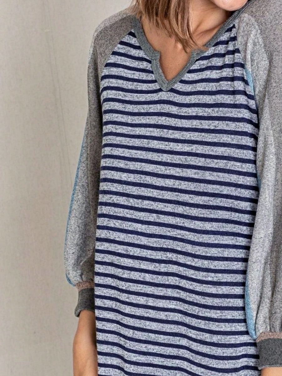 Boho Retro Knit Stripe Raglan Quarter Bishop Balloon Sleeve Stripe Color Fall Top