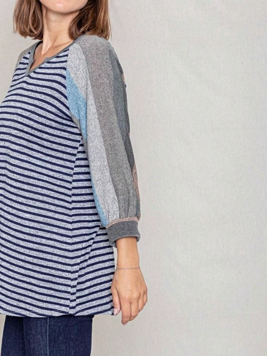 Boho Retro Knit Stripe Raglan Quarter Bishop Balloon Sleeve Stripe Color Fall Top