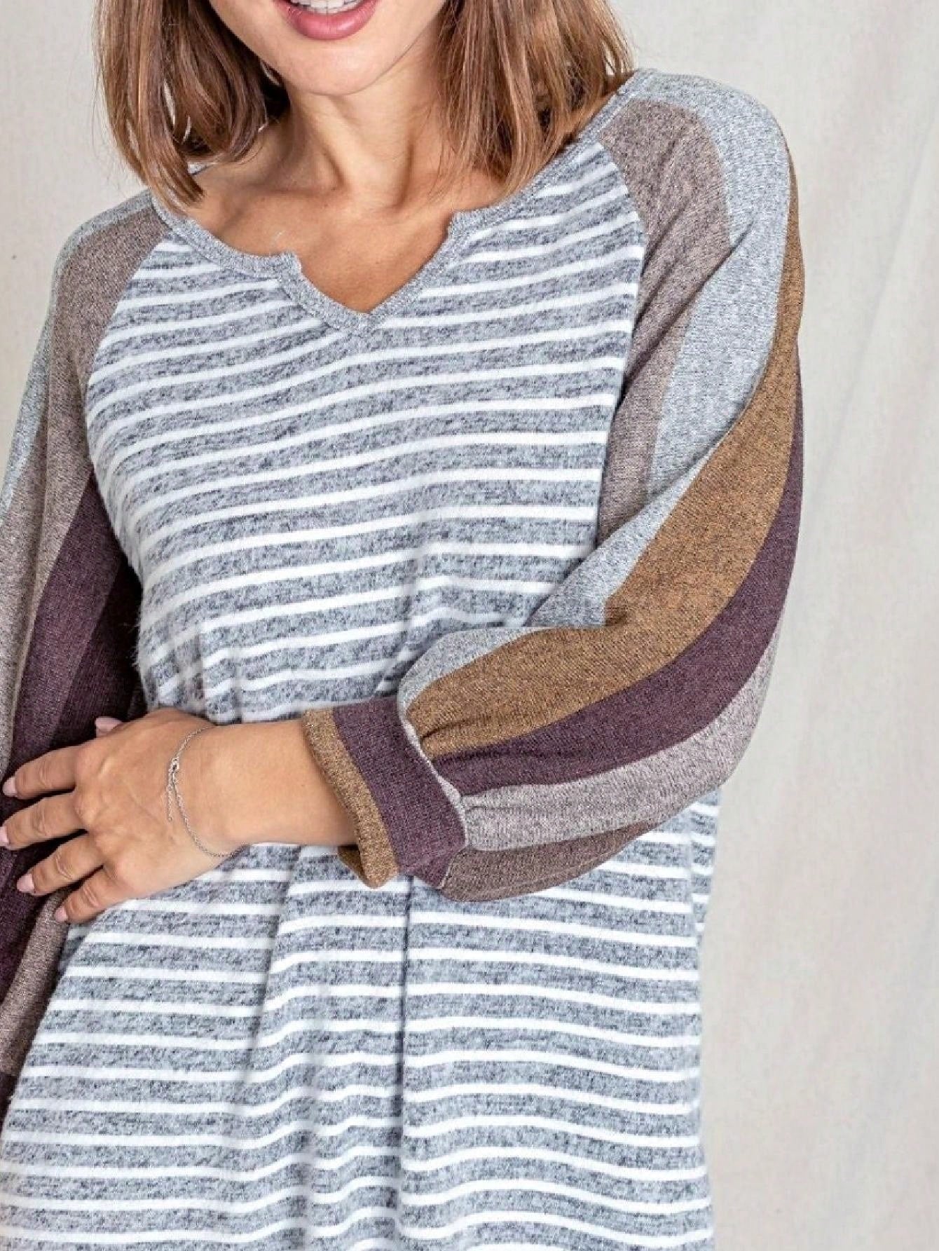Boho Retro Knit Stripe Raglan Quarter Bishop Balloon Sleeve Stripe Color Fall Top