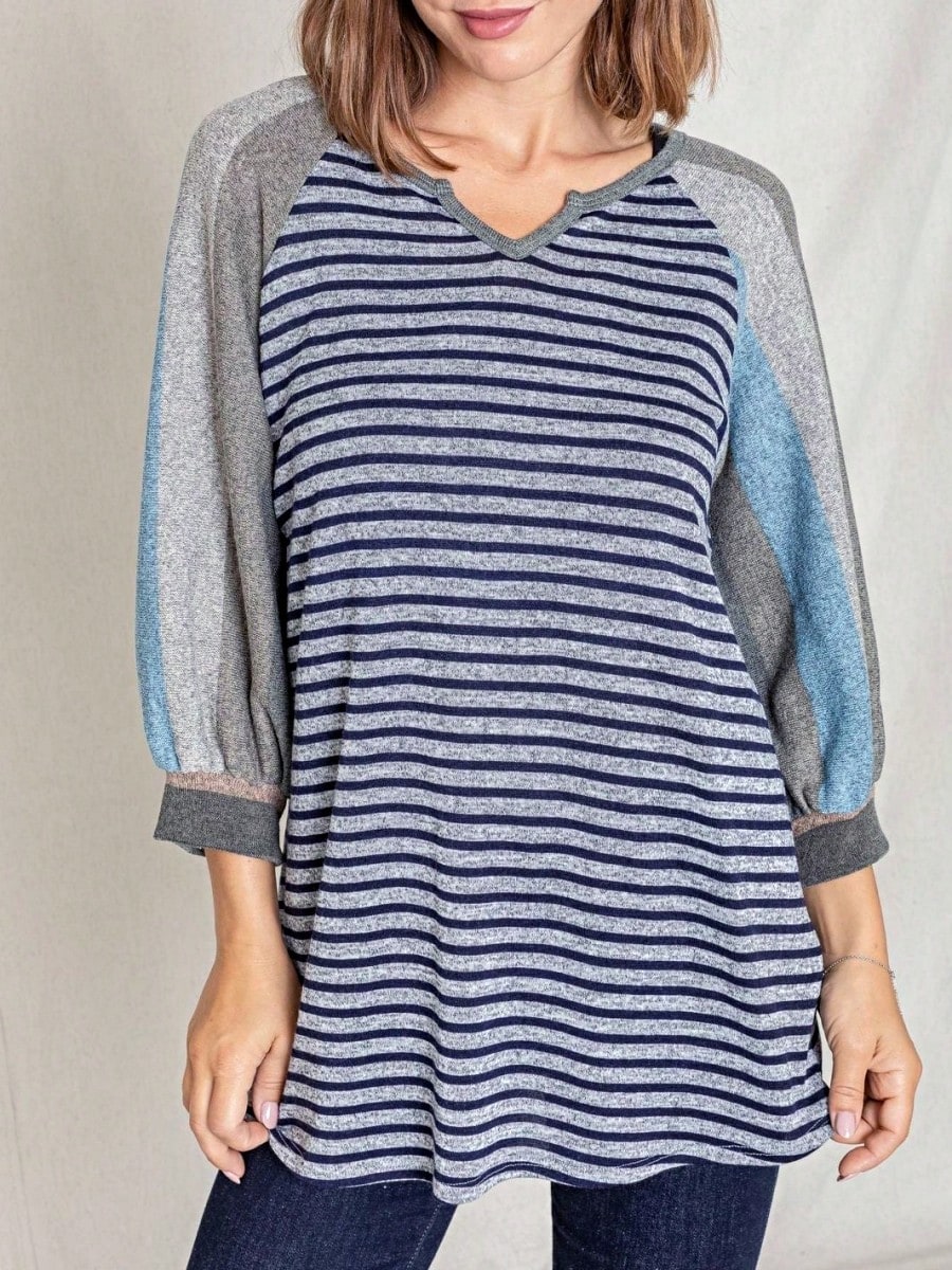 Boho Retro Knit Stripe Raglan Quarter Bishop Balloon Sleeve Stripe Color Fall Top