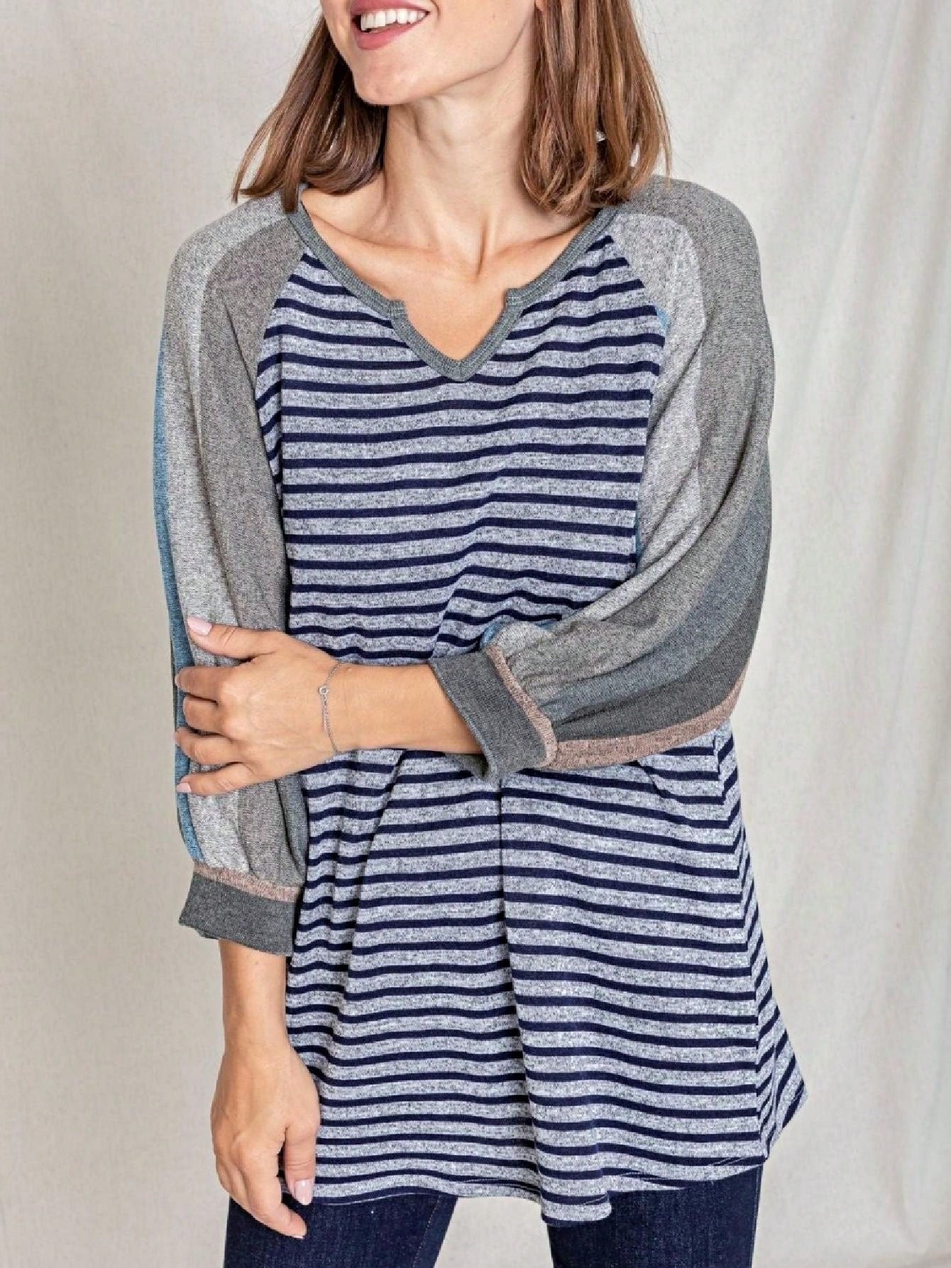 Boho Retro Knit Stripe Raglan Quarter Bishop Balloon Sleeve Stripe Color Fall Top