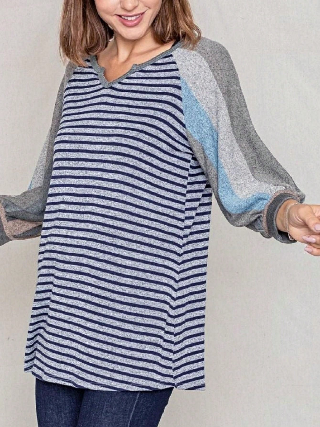 Boho Retro Knit Stripe Raglan Quarter Bishop Balloon Sleeve Stripe Color Fall Top