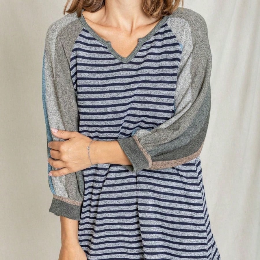 Boho Retro Knit Stripe Raglan Quarter Bishop Balloon Sleeve Stripe Color Fall Top
