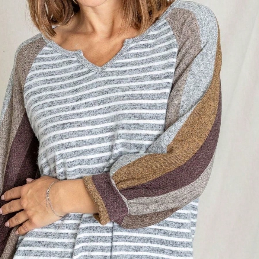 Boho Retro Knit Stripe Raglan Quarter Bishop Balloon Sleeve Stripe Color Fall Top