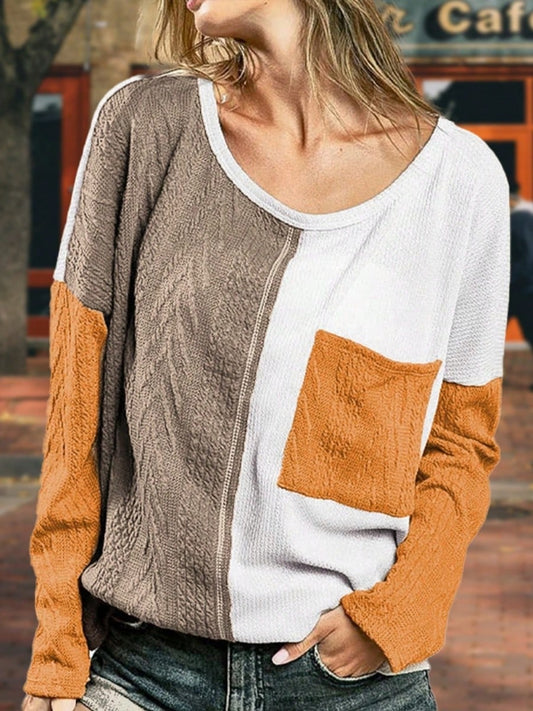 Boho Retro Vintage Viscose 90's Cable Knit Textured Orange Khaki Black Drop Shoulder Color Block Sleeve Top Shirt Blouse