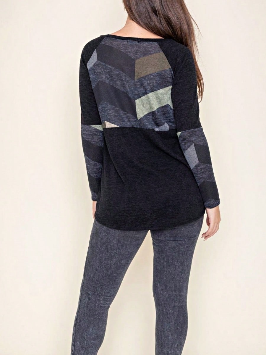 Boho Retro 60's Vintage Chevron Print Black Olive Baby Doll Tunic Top