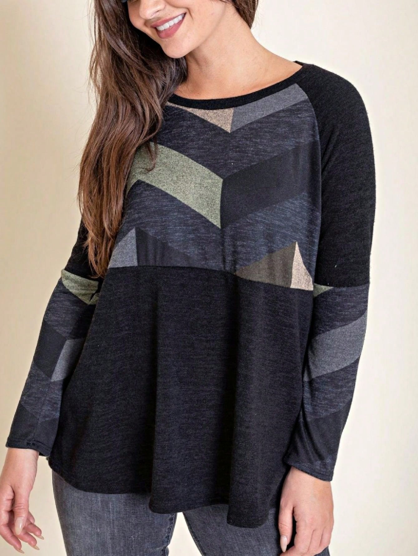 Boho Retro 60's Vintage Chevron Print Black Olive Baby Doll Tunic Top