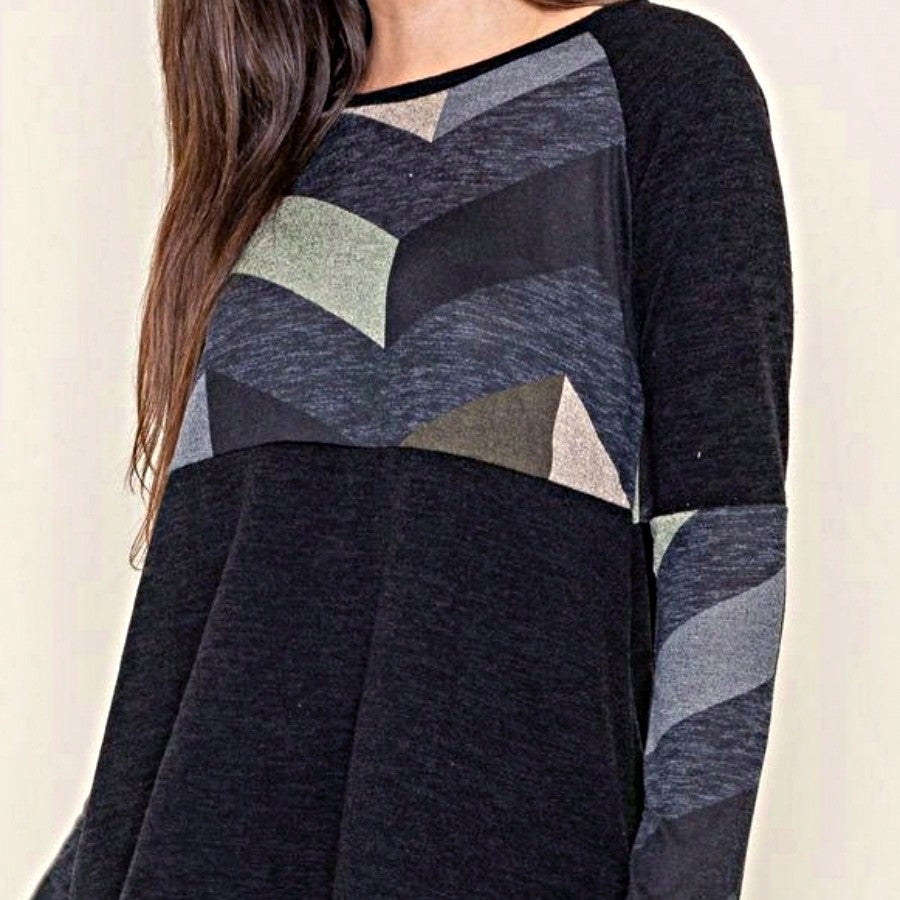 Boho Retro 60's Vintage Chevron Print Black Olive Baby Doll Tunic Top