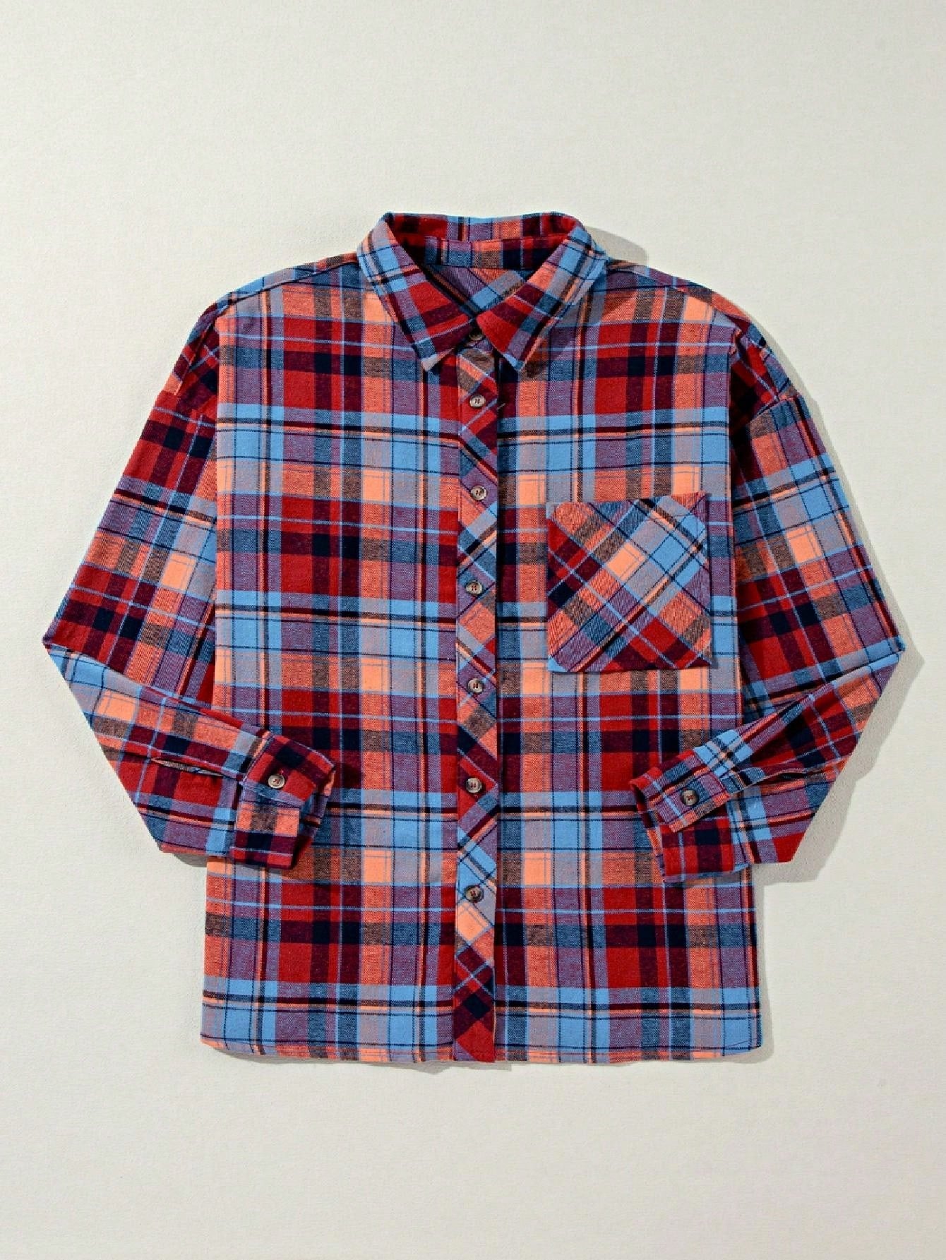 Boho Retro Button Up Vintage 90's Cotton Red Blue Plaid Print Drop Sleeve Loose Shirt Shacket