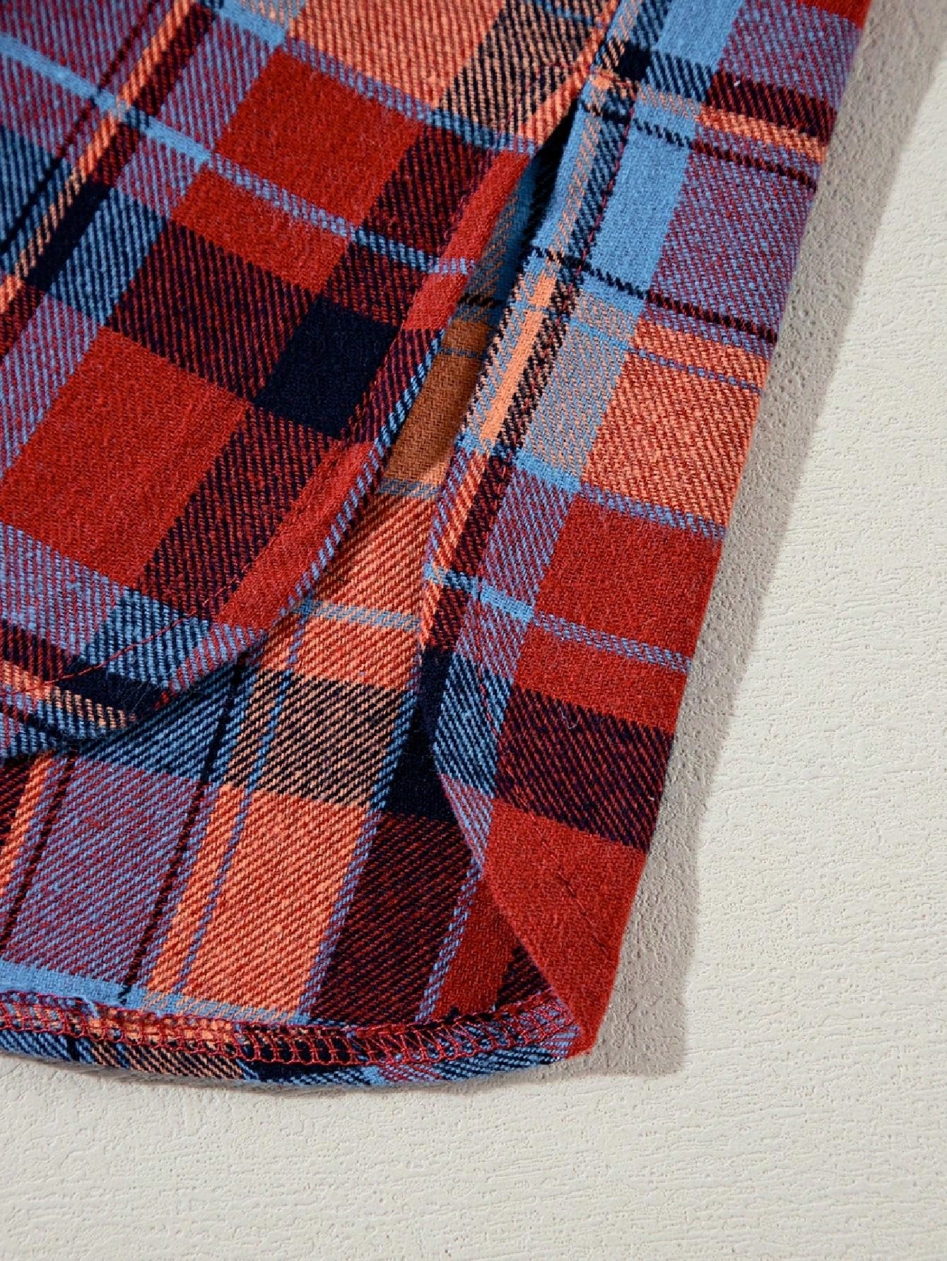 Boho Retro Button Up Vintage 90's Cotton Red Blue Plaid Print Drop Sleeve Loose Shirt Shacket