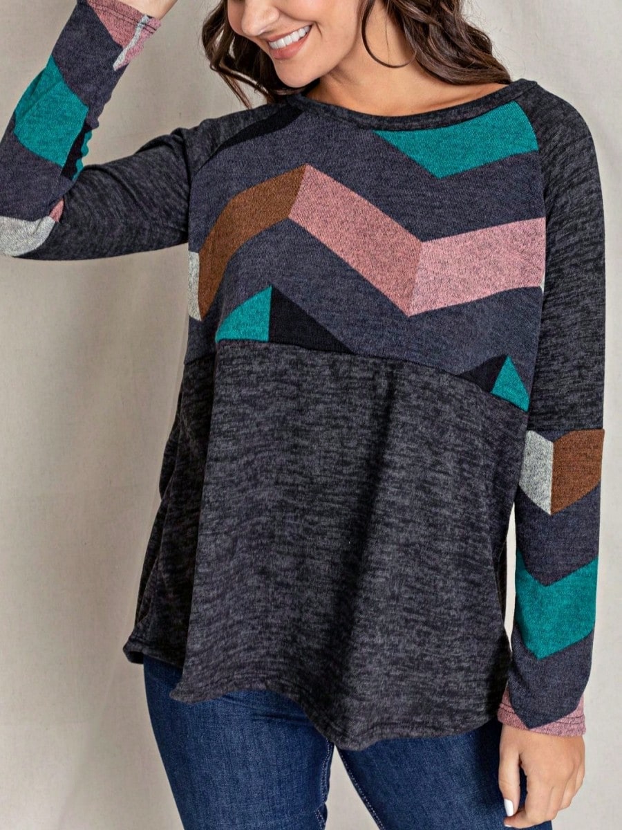 Boho Retro 60's Vintage Chevron Print Black Olive Baby Doll Tunic Top
