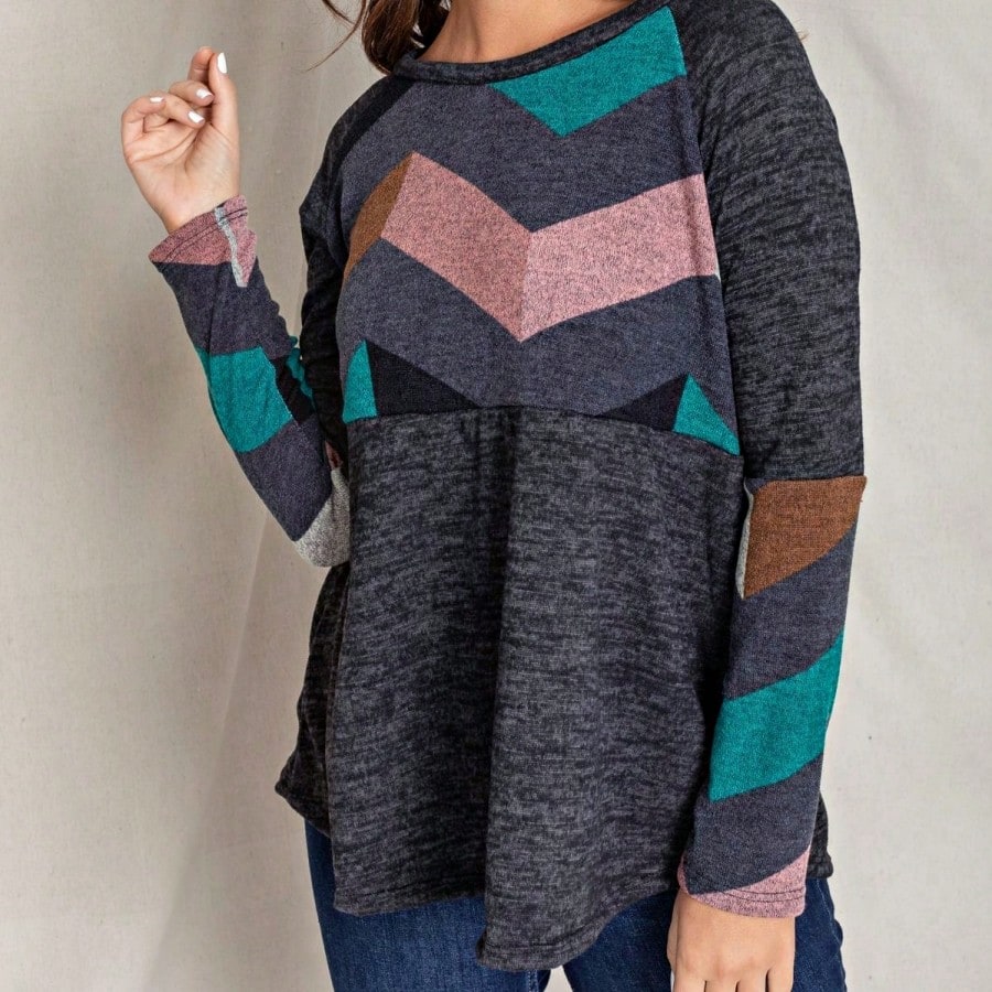 Boho Retro 60's Vintage Chevron Print Black Olive Baby Doll Tunic Top