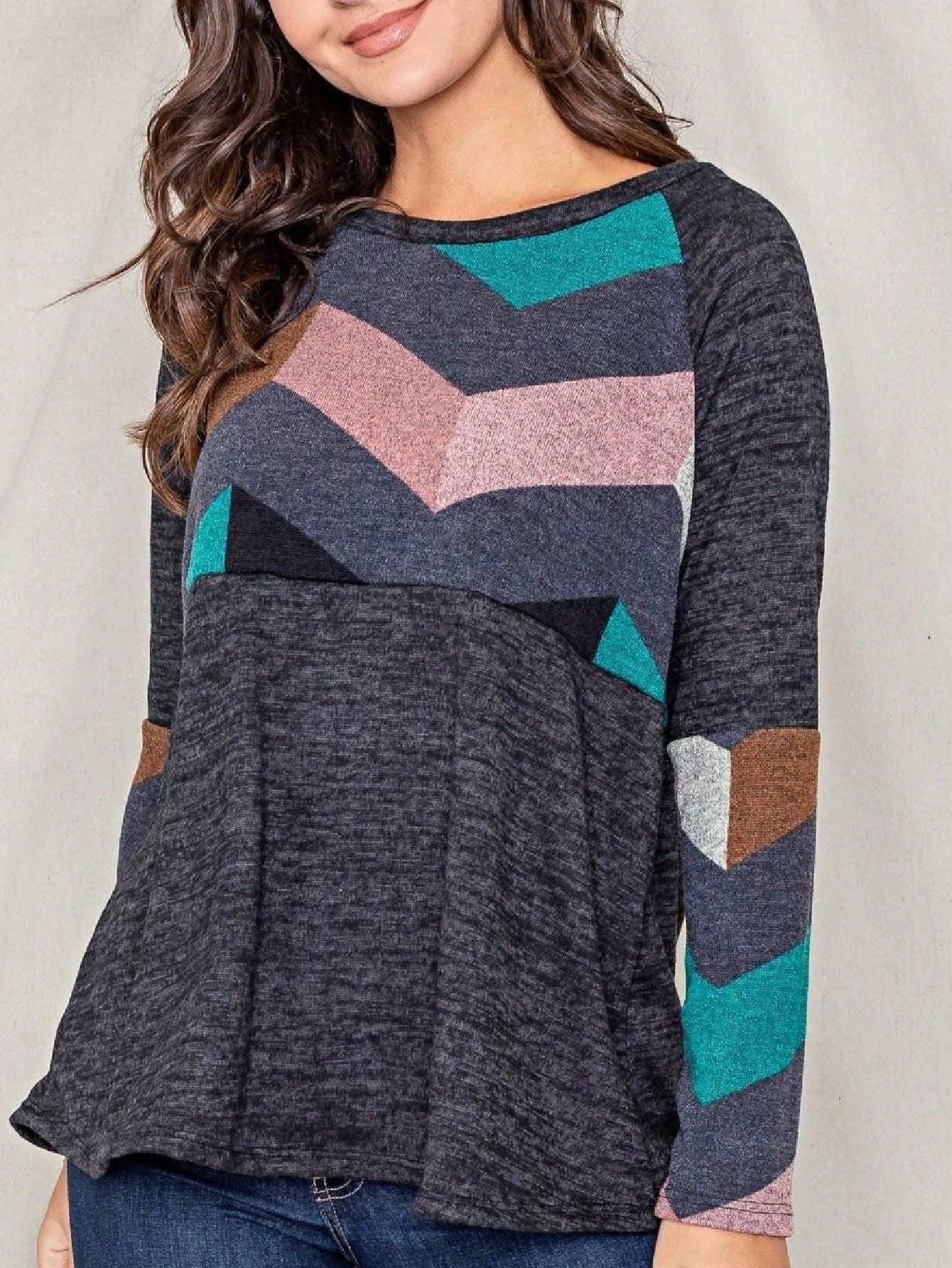 Boho Retro 60's Vintage Chevron Print Black Olive Baby Doll Tunic Top