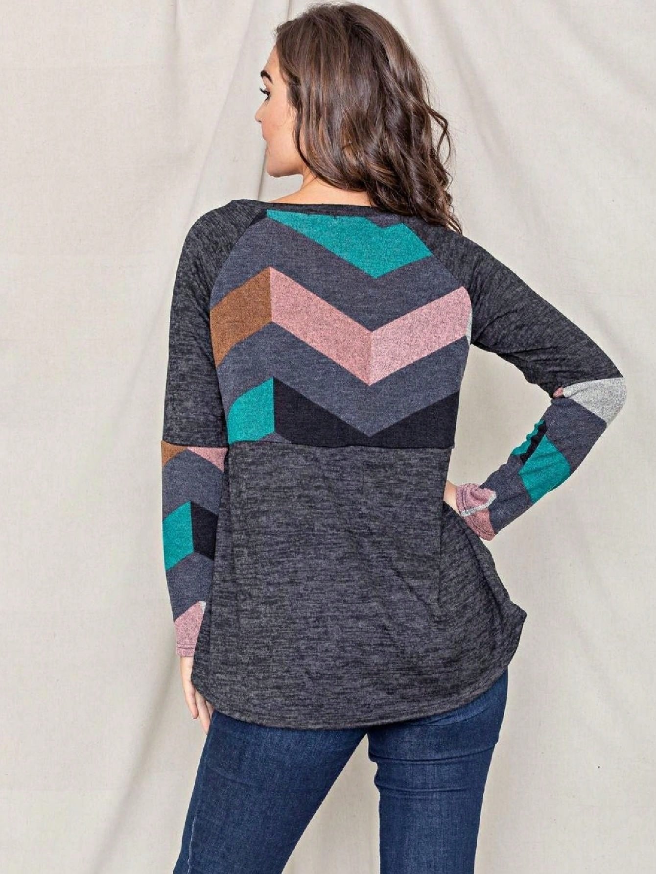 Boho Retro 60's Vintage Chevron Print Black Olive Baby Doll Tunic Top