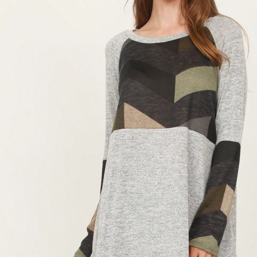 Boho Retro 60's Vintage Chevron Print Black Olive Baby Doll Tunic Top