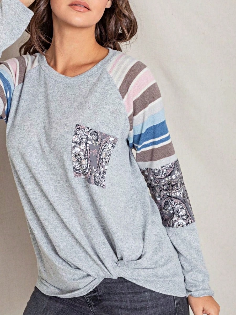 Boho Retro Knot Twisted Front Floral Stripe Knit  Top Blouse Shirt Pullover With Front Pocket