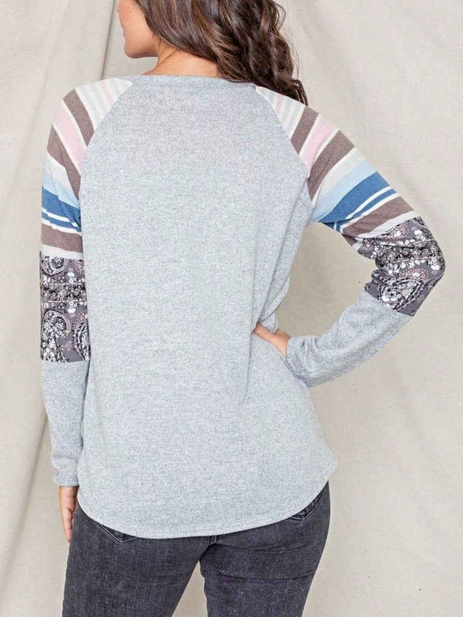 Boho Retro Knot Twisted Front Floral Stripe Knit  Top Blouse Shirt Pullover With Front Pocket