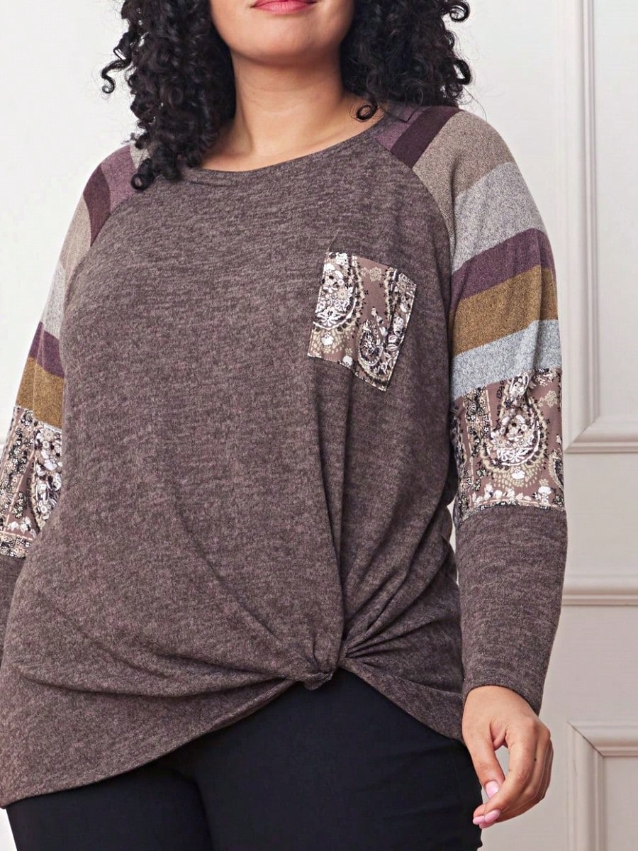 Boho Retro Knot Twisted Front Floral Stripe Knit  Top Blouse Shirt Pullover With Front Pocket