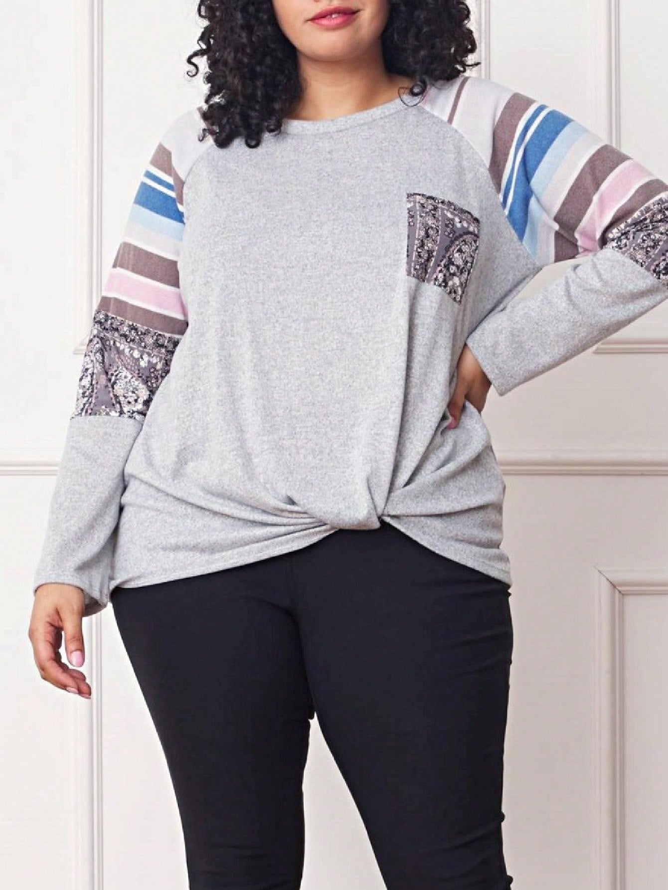 Boho Retro Knot Twisted Front Floral Stripe Knit  Top Blouse Shirt Pullover With Front Pocket