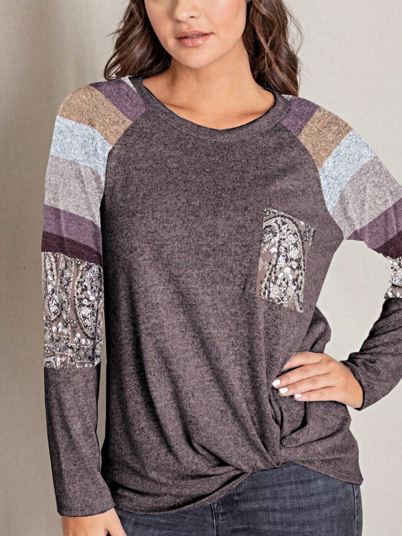 Boho Retro Knot Twisted Front Floral Stripe Knit  Top Blouse Shirt Pullover With Front Pocket
