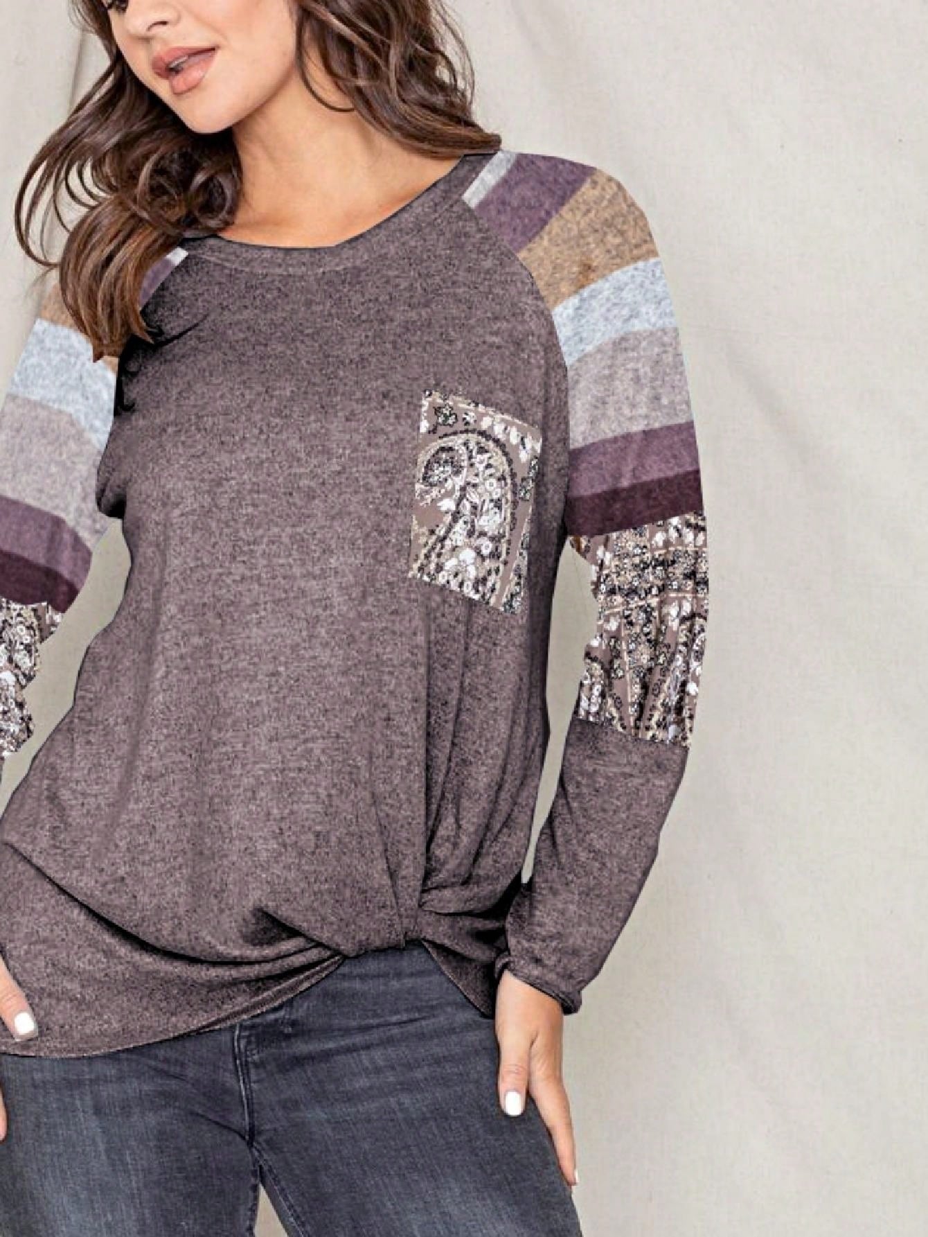 Boho Retro Knot Twisted Front Floral Stripe Knit  Top Blouse Shirt Pullover With Front Pocket