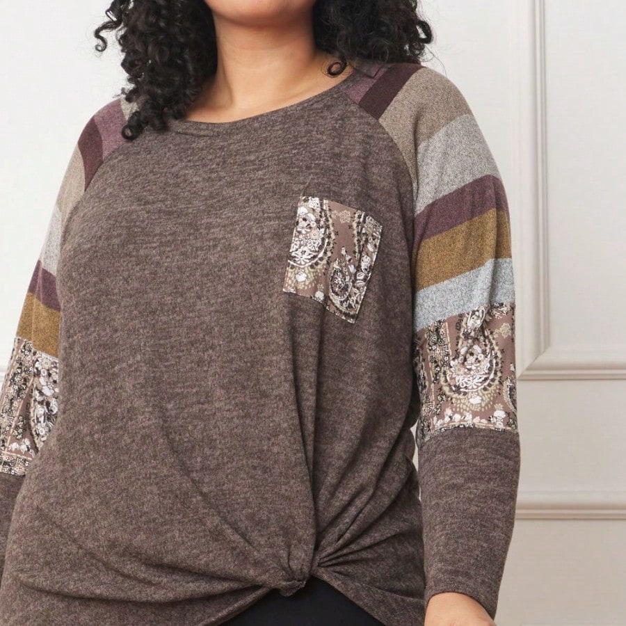 Boho Retro Knot Twisted Front Floral Stripe Knit  Top Blouse Shirt Pullover With Front Pocket