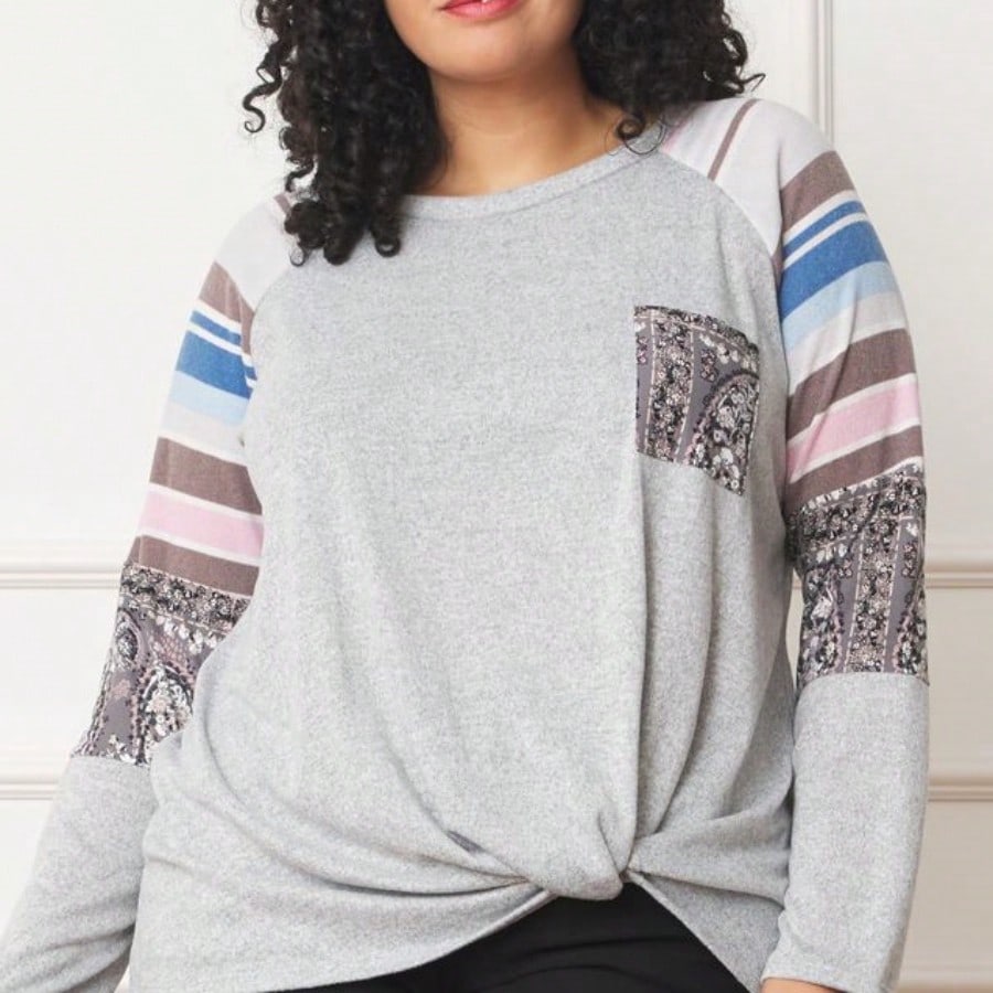 Boho Retro Knot Twisted Front Floral Stripe Knit  Top Blouse Shirt Pullover With Front Pocket