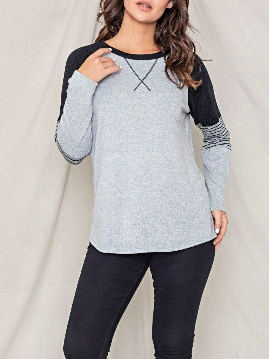 Boho Retro 90's Vintage V Stitch  Stripe Knit Contrast Binding Brushed Soft Stripe Raglan Sleeve Tunic Top Pullover