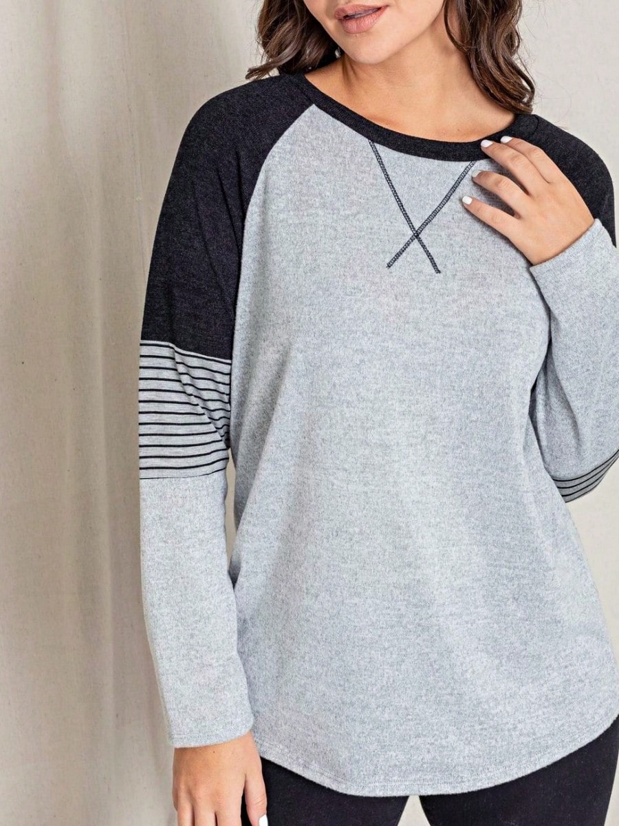 Boho Retro 90's Vintage V Stitch  Stripe Knit Contrast Binding Brushed Soft Stripe Raglan Sleeve Tunic Top Pullover