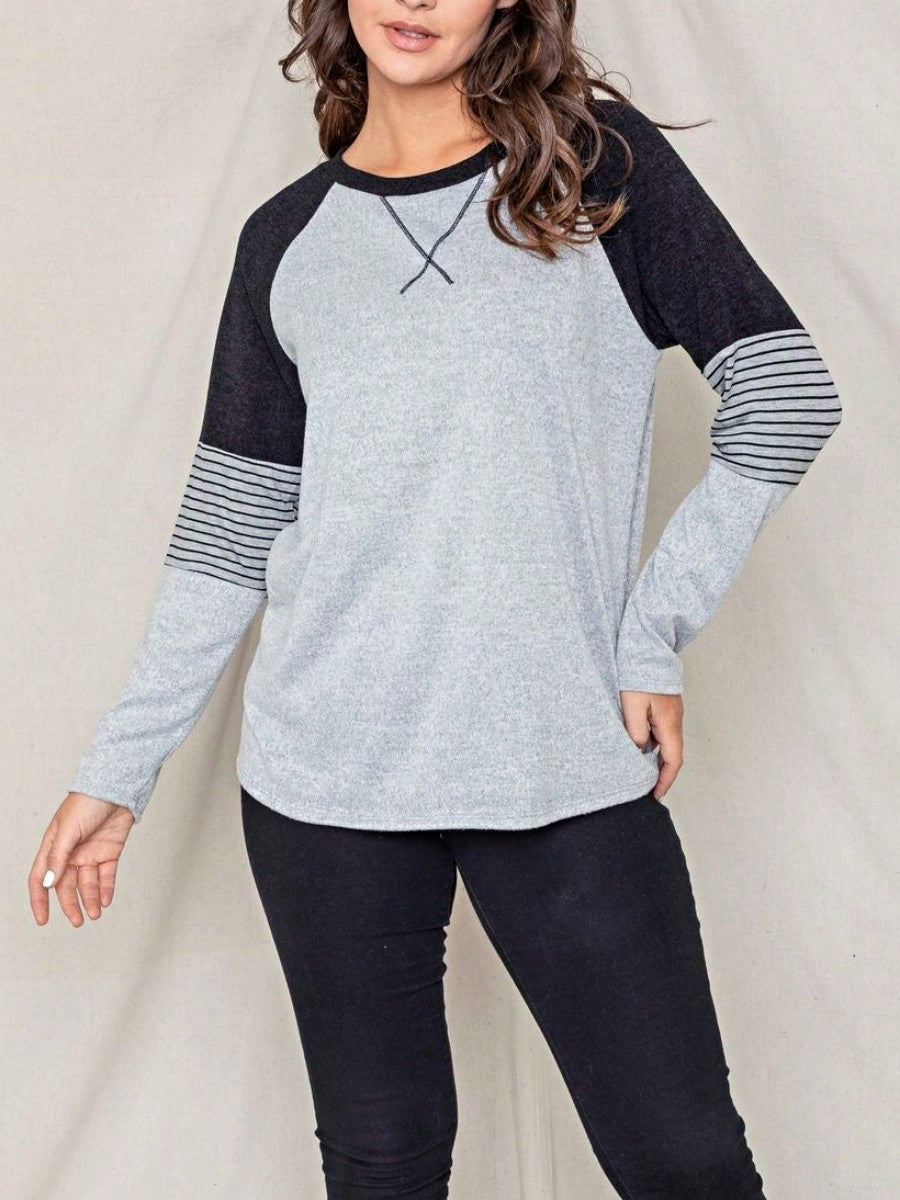 Boho Retro 90's Vintage V Stitch  Stripe Knit Contrast Binding Brushed Soft Stripe Raglan Sleeve Tunic Top Pullover