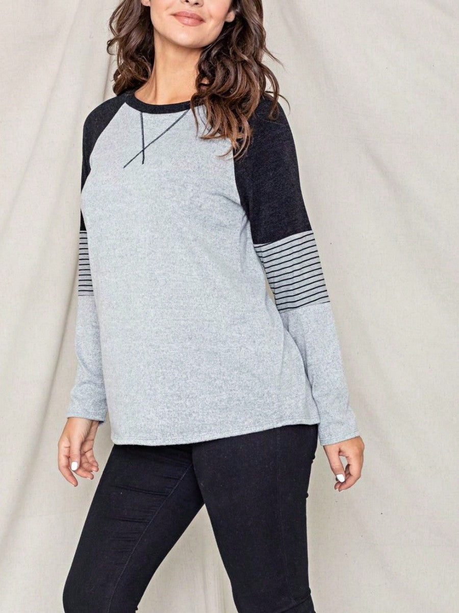 Boho Retro 90's Vintage V Stitch  Stripe Knit Contrast Binding Brushed Soft Stripe Raglan Sleeve Tunic Top Pullover