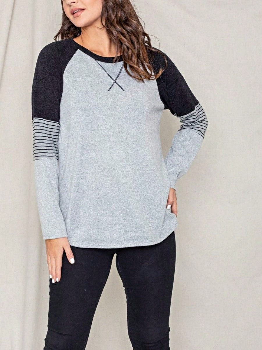 Boho Retro 90's Vintage V Stitch  Stripe Knit Contrast Binding Brushed Soft Stripe Raglan Sleeve Tunic Top Pullover