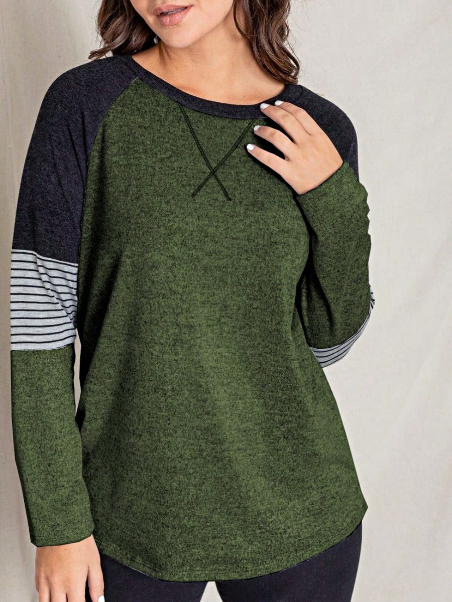 Boho Retro 90's Vintage V Stitch  Stripe Knit Contrast Binding Brushed Soft Stripe Raglan Sleeve Tunic Top Pullover