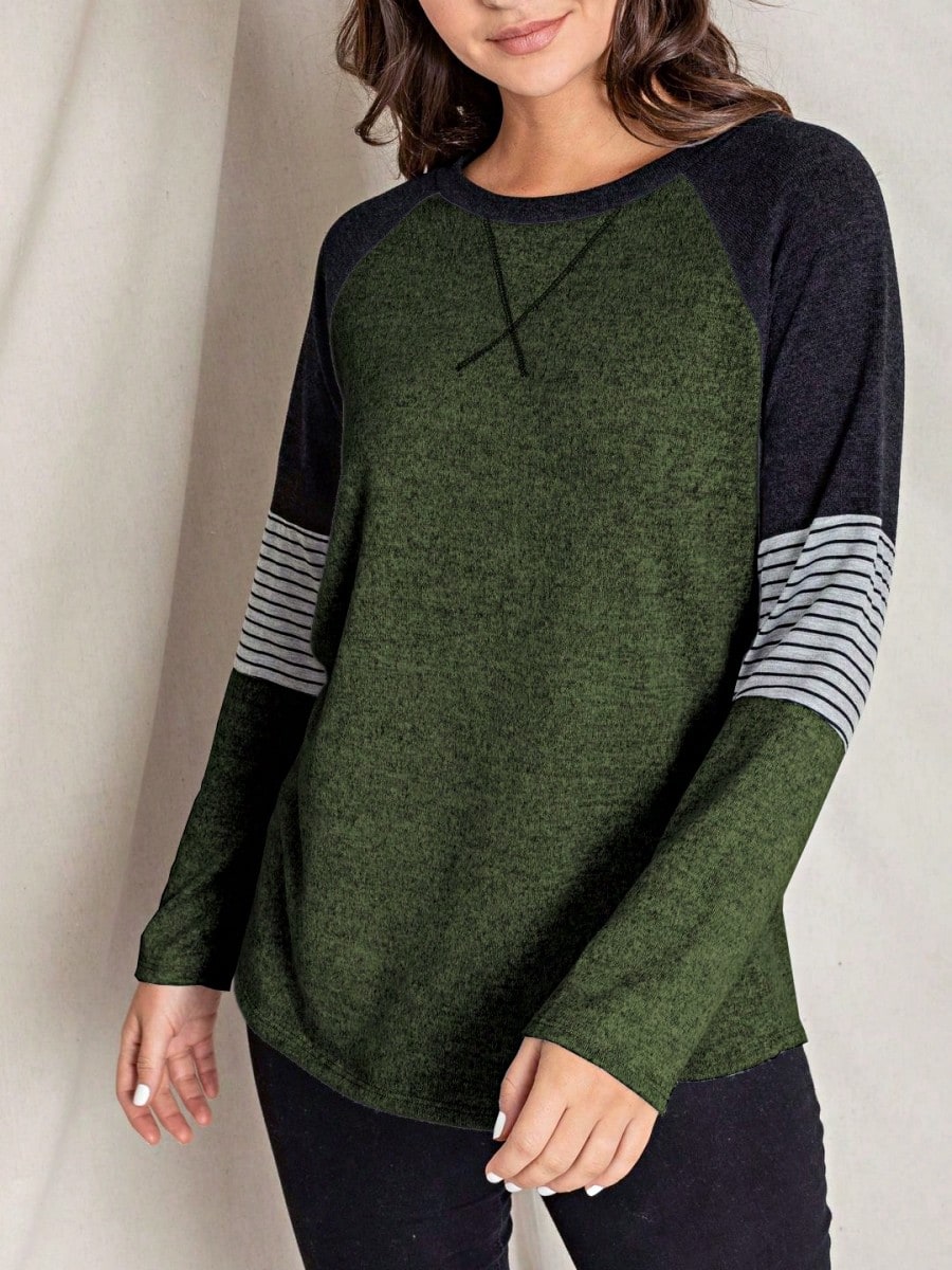 Boho Retro 90's Vintage V Stitch  Stripe Knit Contrast Binding Brushed Soft Stripe Raglan Sleeve Tunic Top Pullover