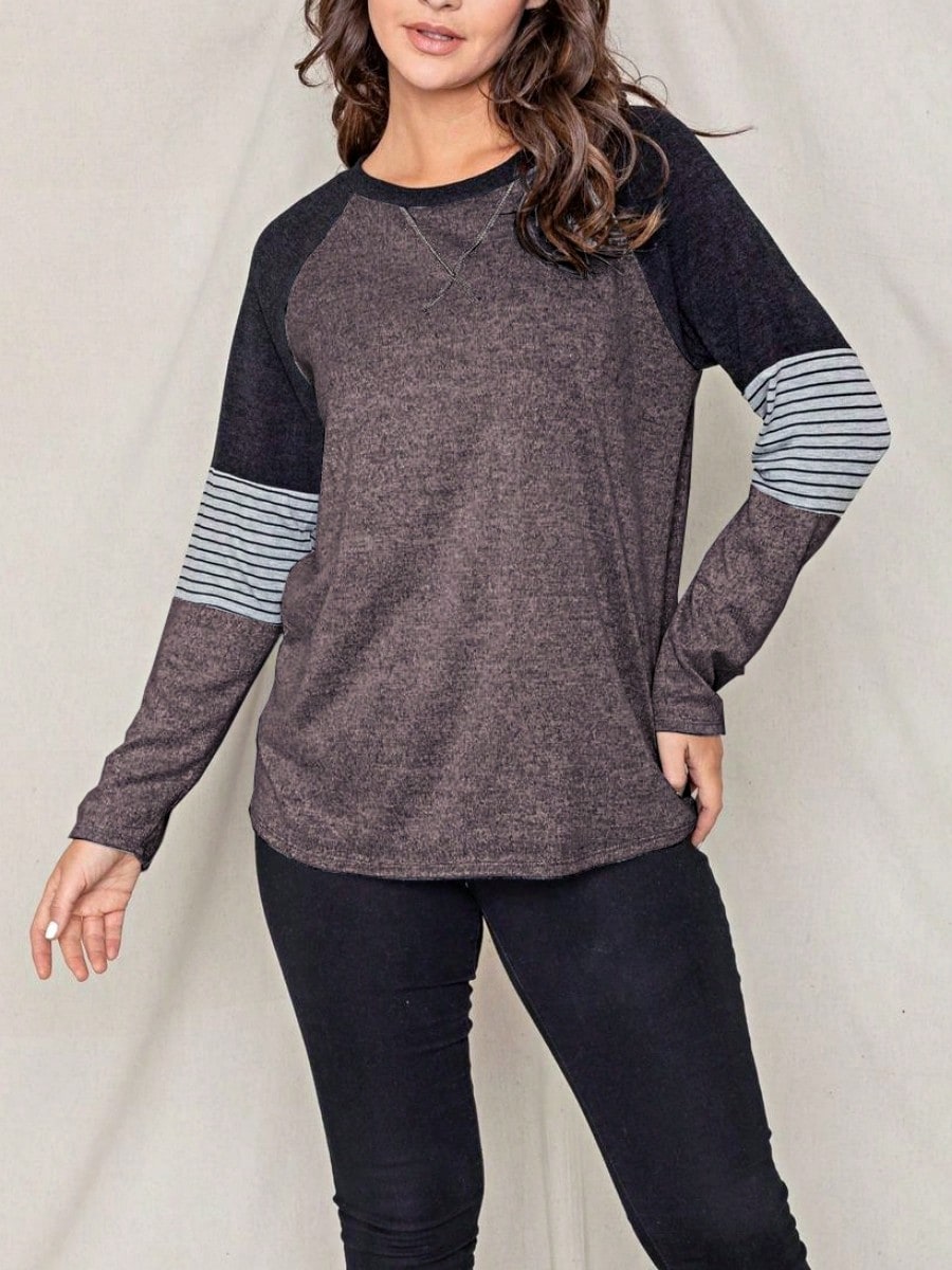 Boho Retro 90's Vintage V Stitch  Stripe Knit Contrast Binding Brushed Soft Stripe Raglan Sleeve Tunic Top Pullover