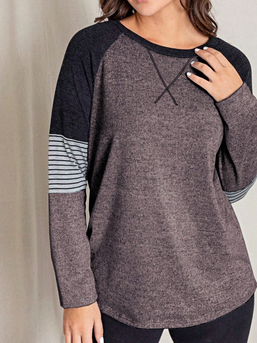 Boho Retro 90's Vintage V Stitch  Stripe Knit Contrast Binding Brushed Soft Stripe Raglan Sleeve Tunic Top Pullover