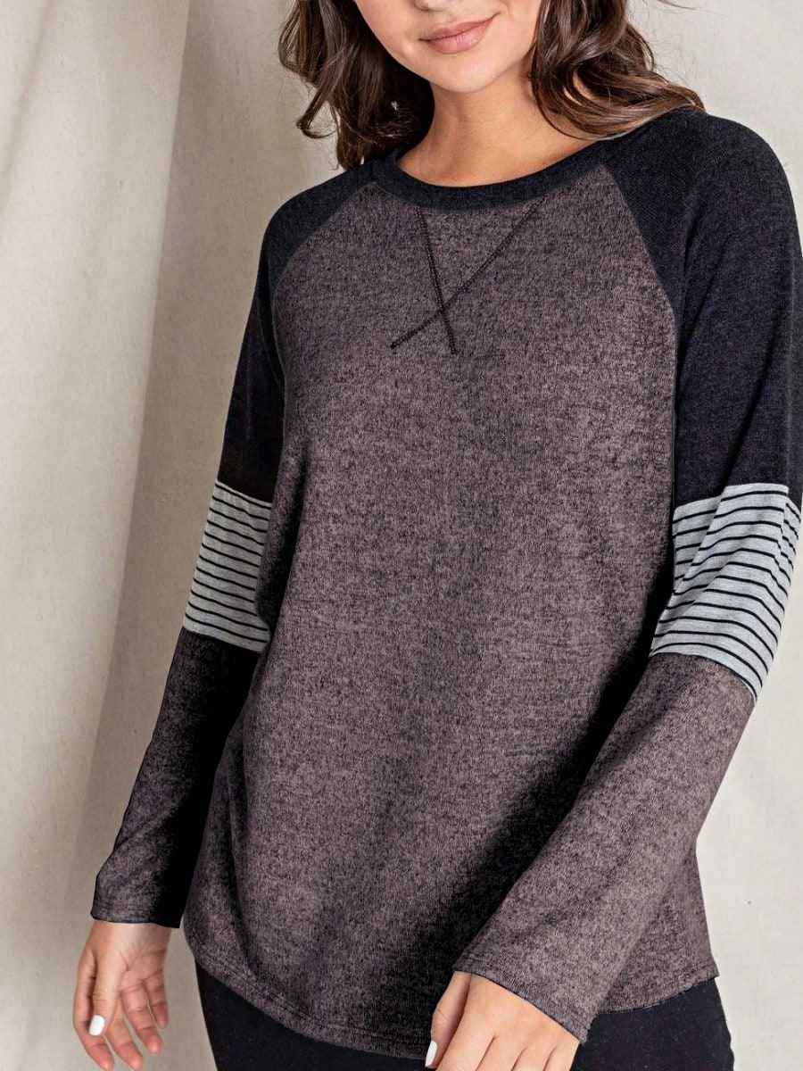 Boho Retro 90's Vintage V Stitch  Stripe Knit Contrast Binding Brushed Soft Stripe Raglan Sleeve Tunic Top Pullover