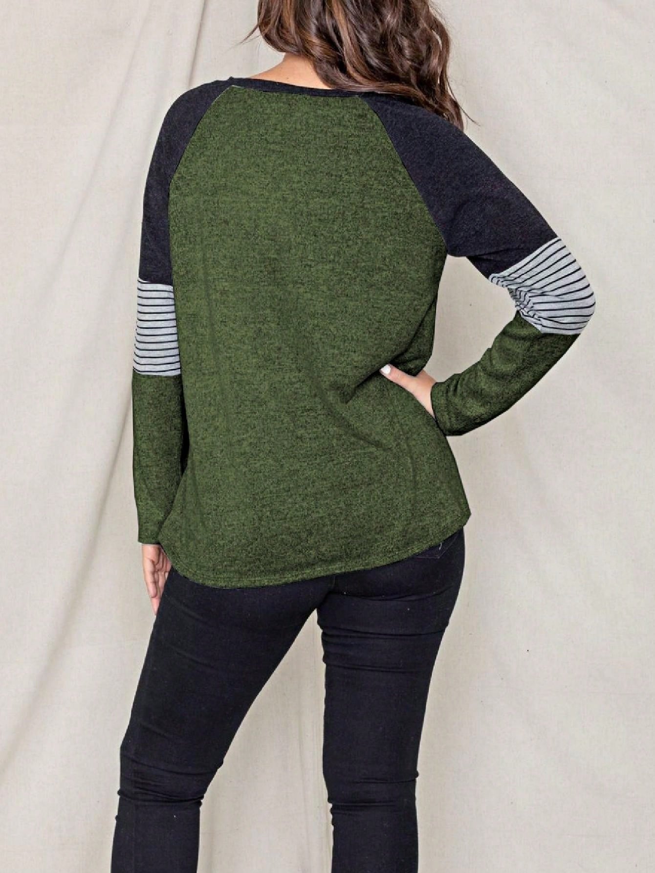 Boho Retro 90's Vintage V Stitch  Stripe Knit Contrast Binding Brushed Soft Stripe Raglan Sleeve Tunic Top Pullover