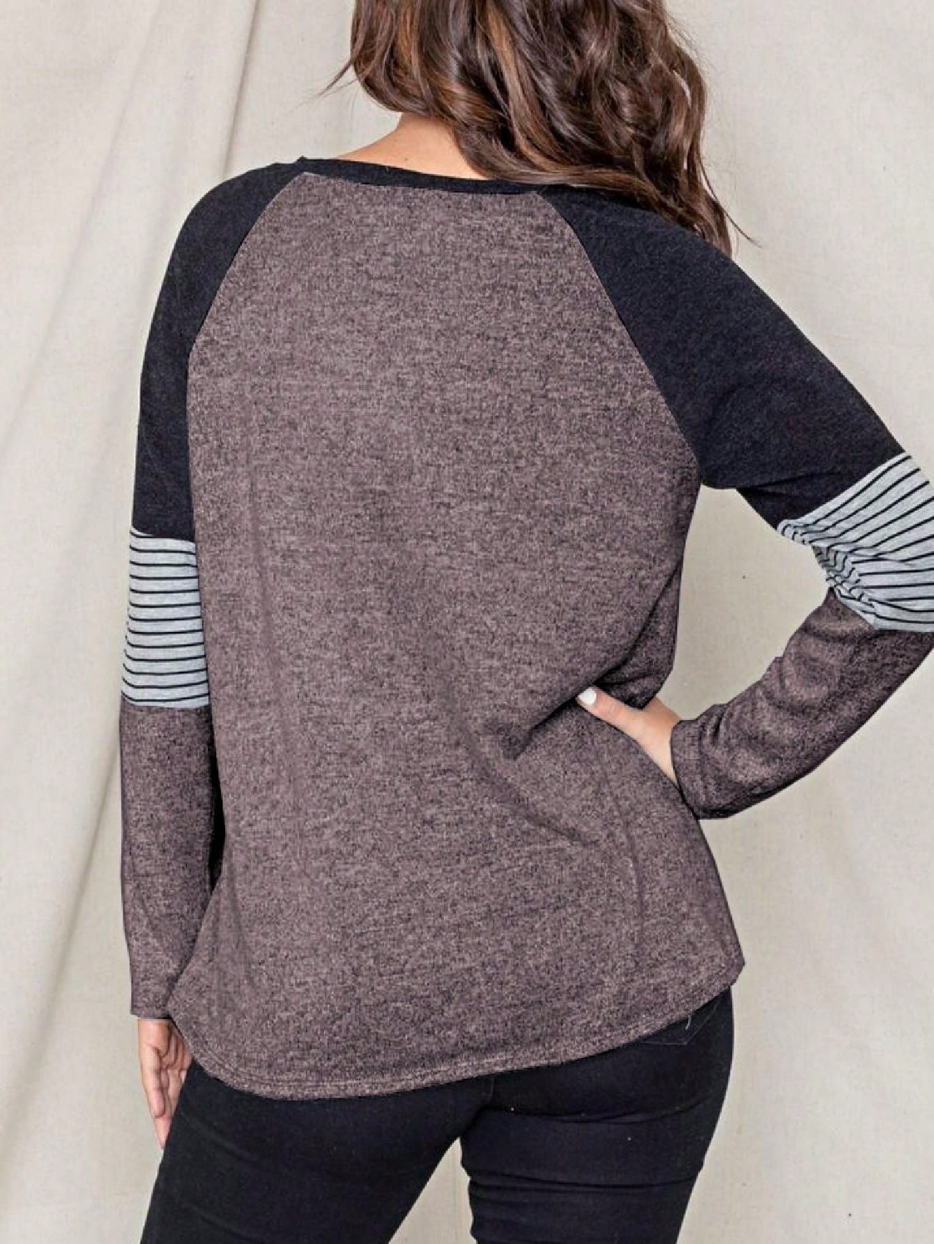 Boho Retro 90's Vintage V Stitch  Stripe Knit Contrast Binding Brushed Soft Stripe Raglan Sleeve Tunic Top Pullover