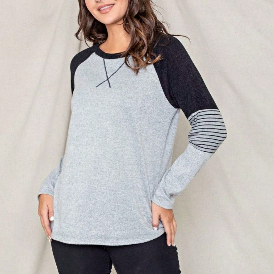 Boho Retro 90's Vintage V Stitch  Stripe Knit Contrast Binding Brushed Soft Stripe Raglan Sleeve Tunic Top Pullover
