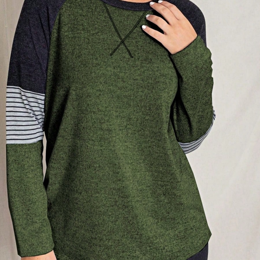 Boho Retro 90's Vintage V Stitch  Stripe Knit Contrast Binding Brushed Soft Stripe Raglan Sleeve Tunic Top Pullover