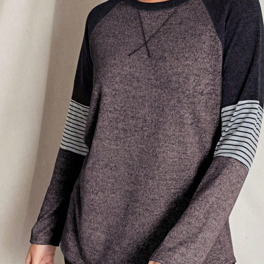 Boho Retro 90's Vintage V Stitch  Stripe Knit Contrast Binding Brushed Soft Stripe Raglan Sleeve Tunic Top Pullover