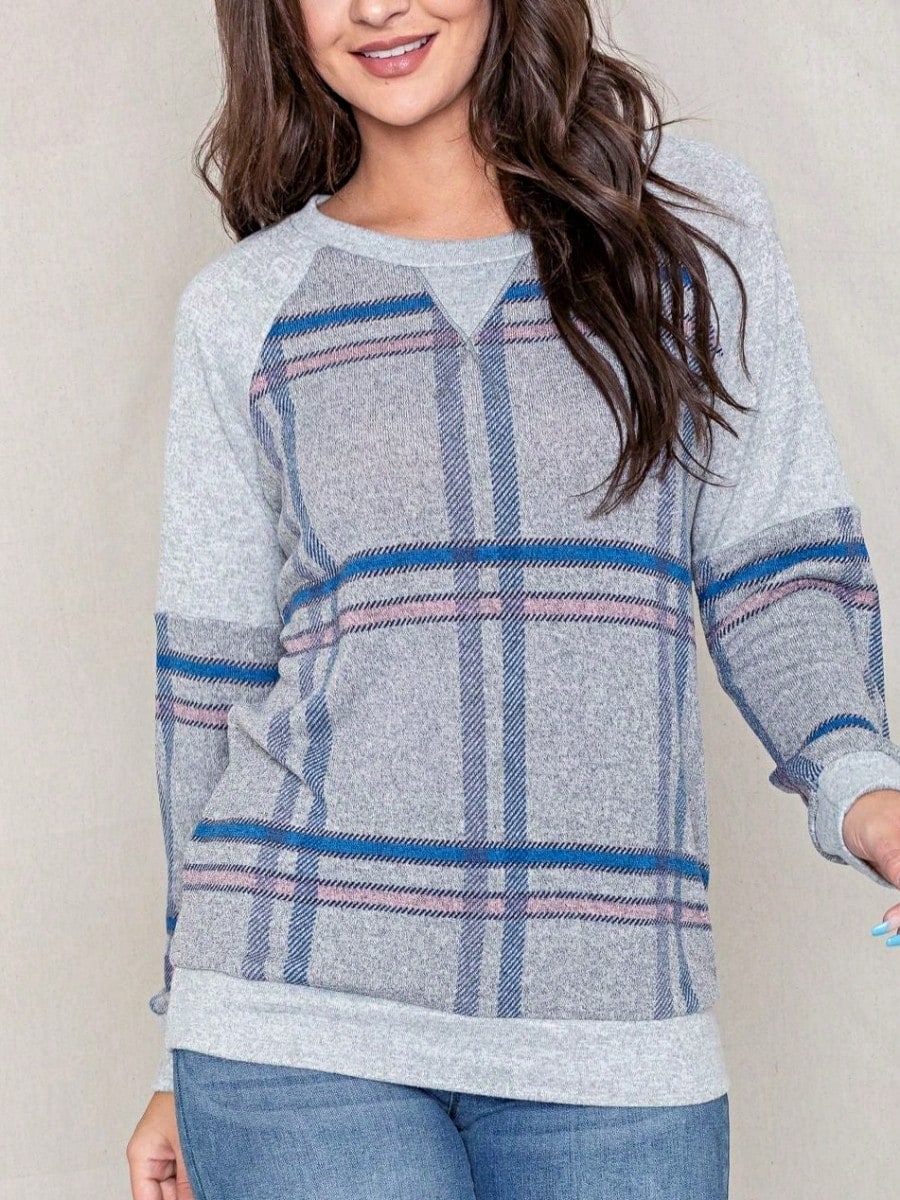 Boho Retro 90's Vintage  Preppy V Stitch  Stripe Knit Contrast Binding Brushed Soft Stripe Raglan Sleeve Tunic Top Pullover